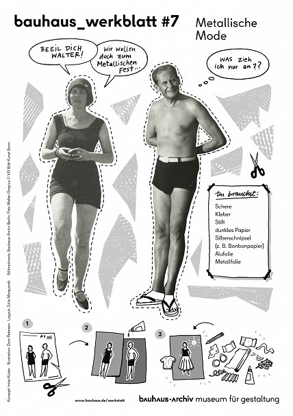 Collage of historical photos of Ise and Walter Gropius in swimming costumes and added drawings